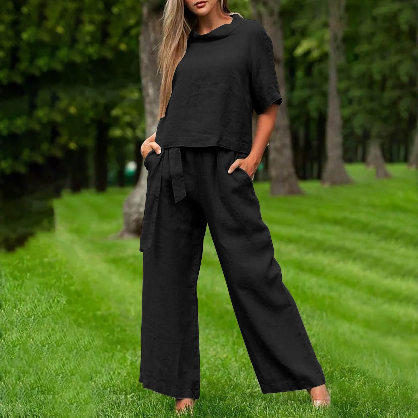 thumbnail image 2 of Conjunto informal de manga corta y cuello redondo para mujer: conjunto de camiseta corta y pantalón largo, 2 of 7